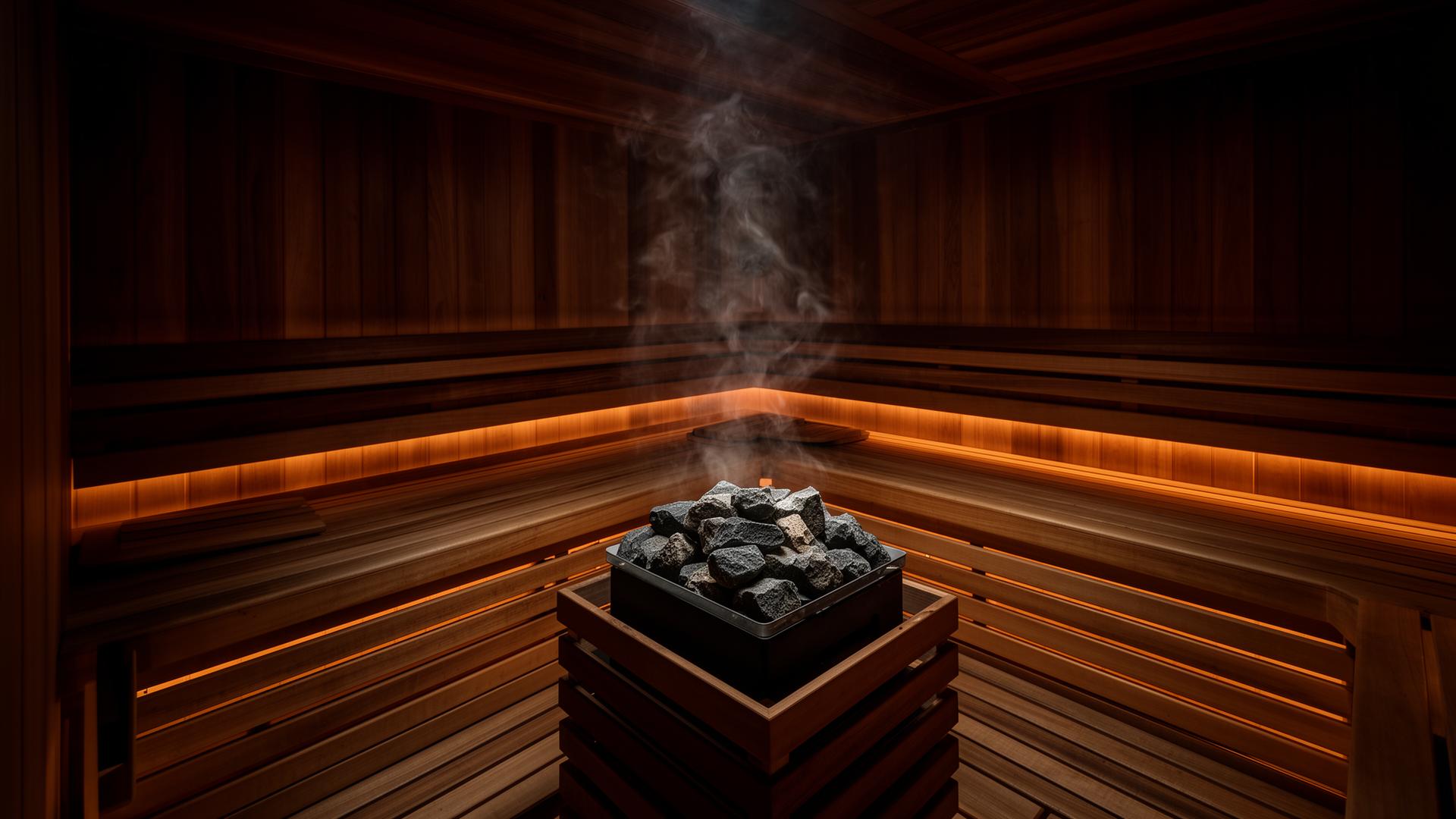 Cedar sauna interior with glowing heater stones